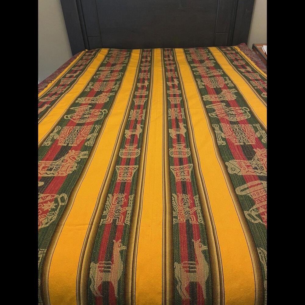 Traditional Peruvian Andean Pattern Woven Manta Yellow Green Red Textile Llamas